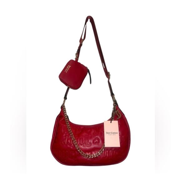Juicy Couture Red Puff Quilted Half Moon Gold Chain Link Purse Coin Purse Set - Picture 9 of 11